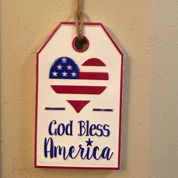 God Bless America Sign, Patriotic Tag Shaped Metal Wall Decor, July 4th Decor - Picture 2 of 14